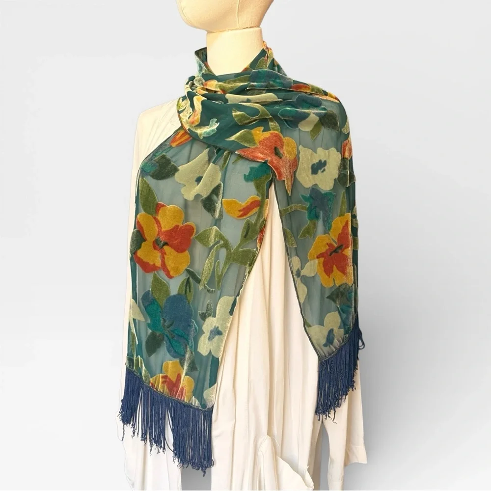 Vintage Multicolor Sheer Floral Velvet Burnout Scarf Fringe Boho Romantic